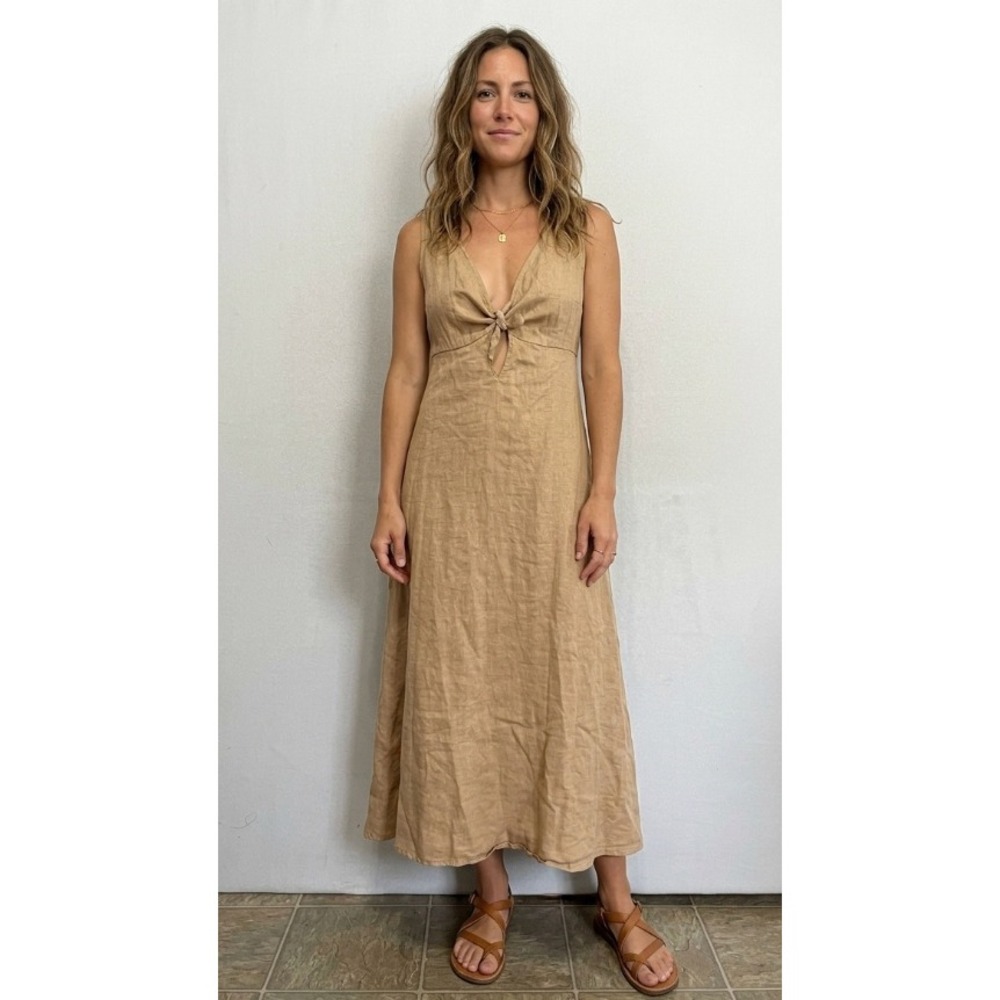 Harly Jae Pierrot Dress Medium Tan Linen V-Neck Tie Front Maxi Sleeveless Canada